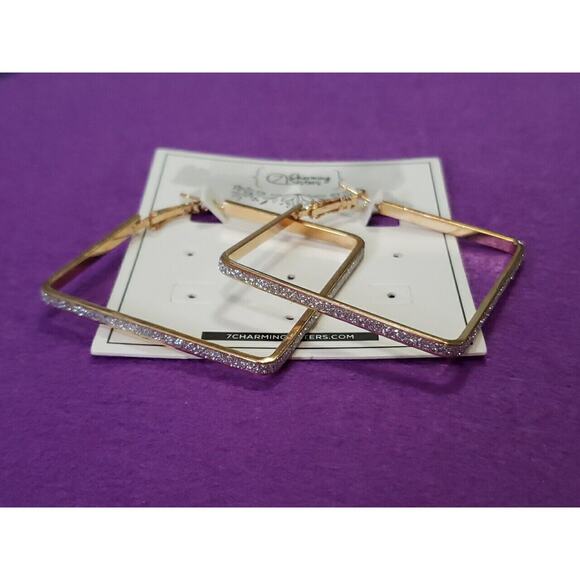 Large Geometric Design Square Hoop Earrings In Gold Tone Metal & Glittery Accent - Picture 3 of 8